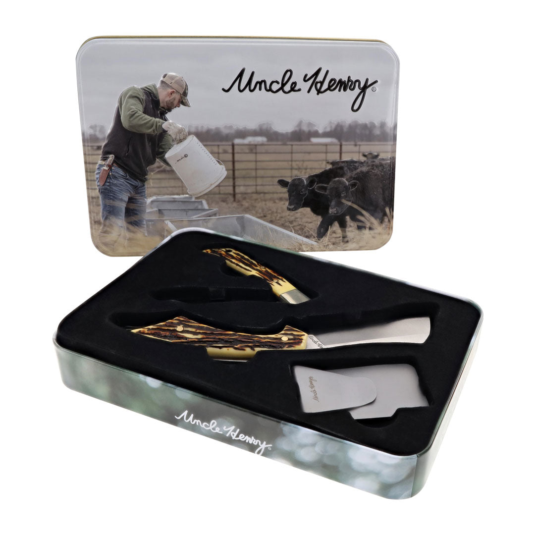 Uncle Henry 2 PC Fixed and Folder Knife w/Money Clip Gift Set