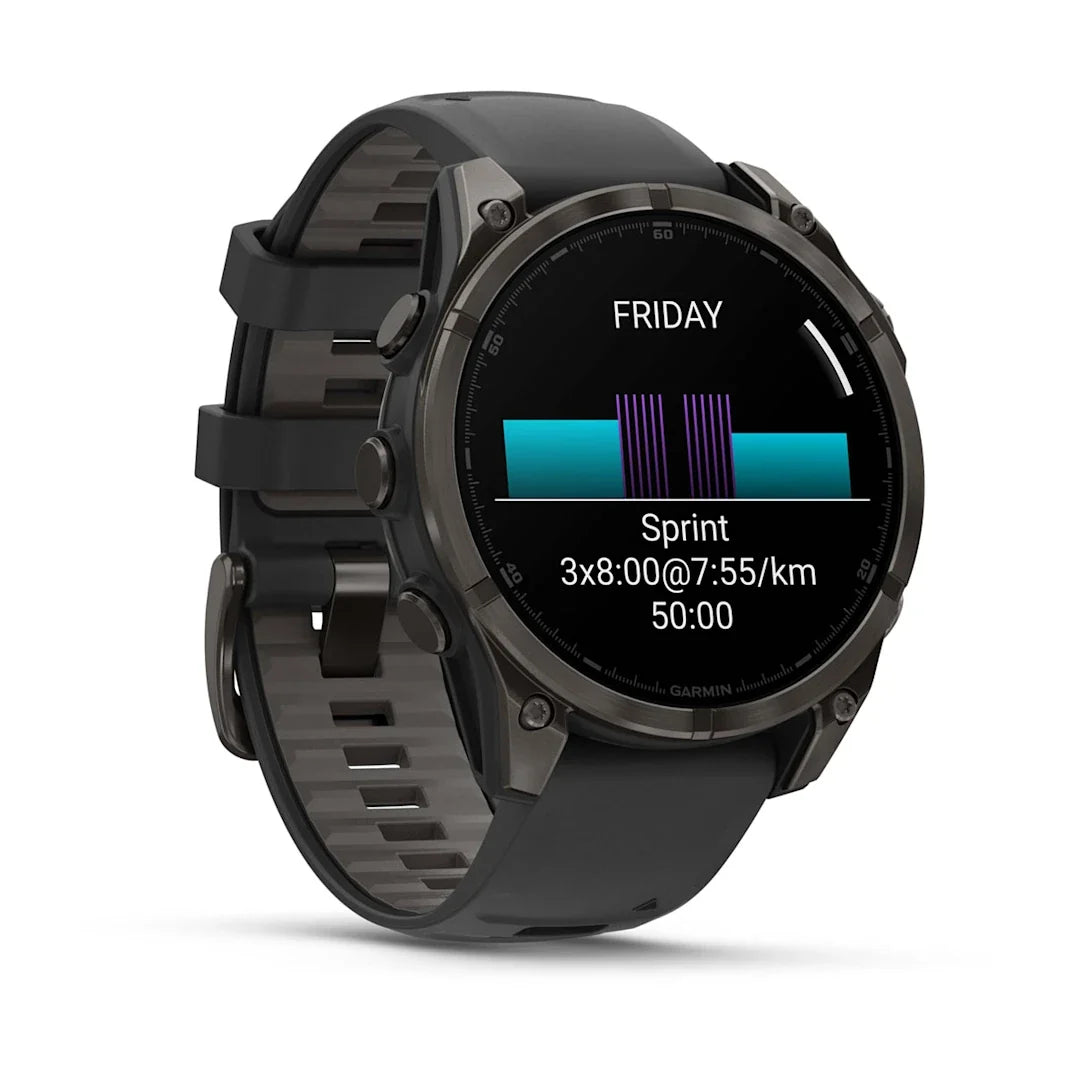 Garmin fēnix 8 – 47 mm AMOLED Sapphire Carbon Gray DLC Titanium with Black / Pebble Gray Silicone Band