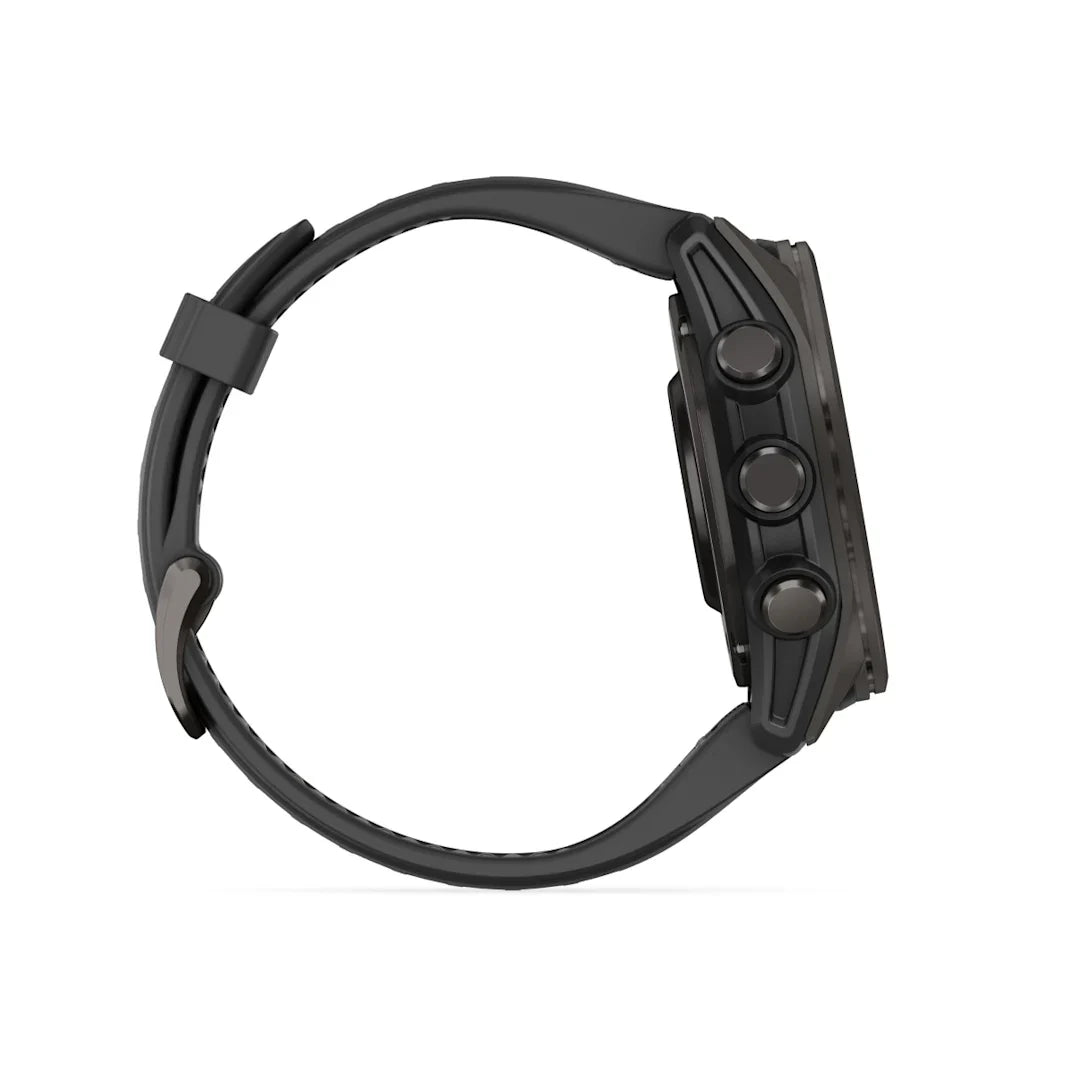 Garmin fēnix 8 – 43 mm AMOLED Sapphire, Carbon Gray DLC Titanium with Black / Pebble Gray Silicone Band
