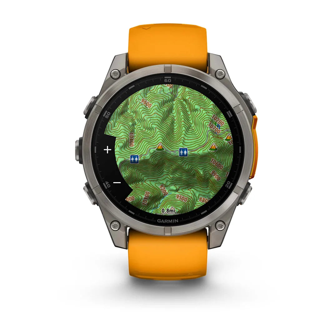 Garmin fēnix 8 – 47 mm AMOLED Sapphire Titanium with Spark Orange / Graphite Silicone Band