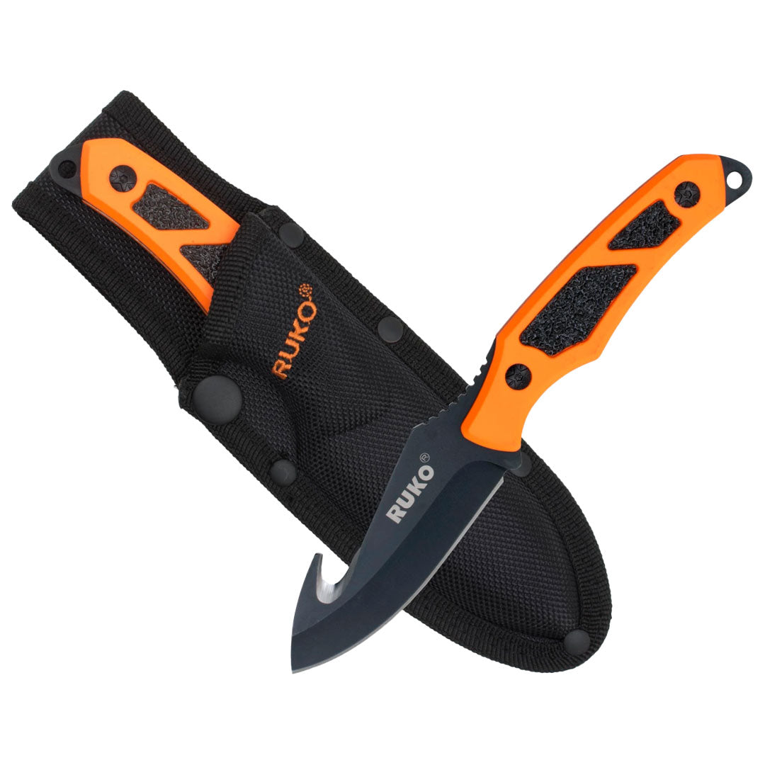 Ruko Outdoors 440A 3.5" Fixed Gut Hook Blade Knife Blaze Orange Aluminum Handle with Grip Tape Inserts