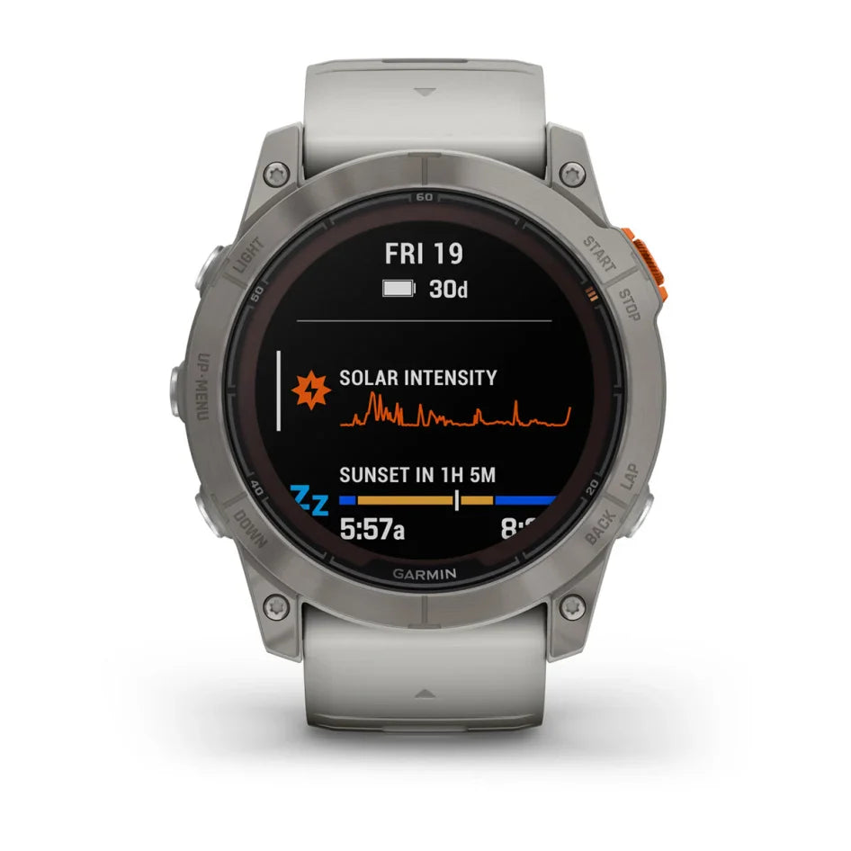 Garmin fēnix 7X Pro – Sapphire Solar Edition Titanium with Fog Gray/Ember Orange Band