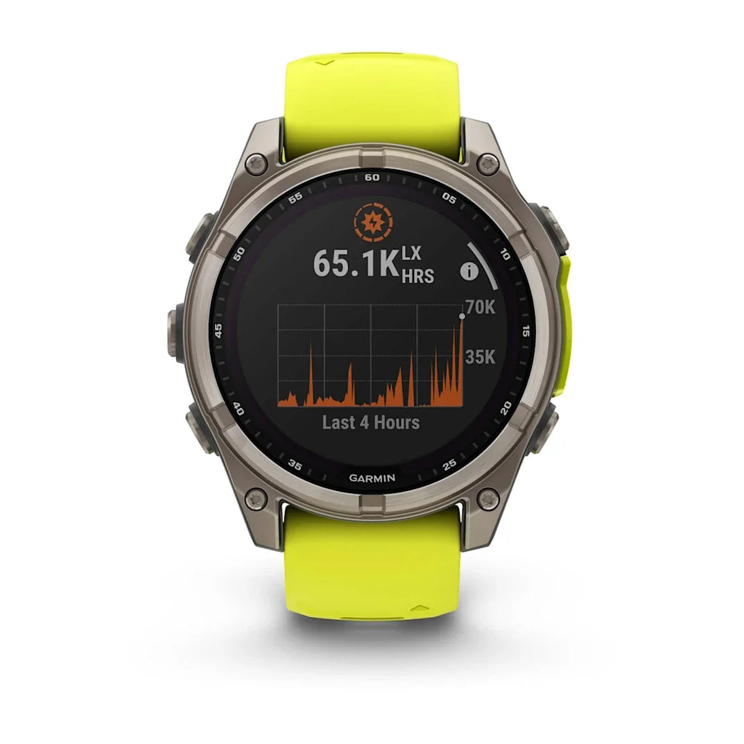 Garmin fēnix 8 – 47 mm Solar Sapphire Titanium with Amp Yellow / Graphite Silicone Band
