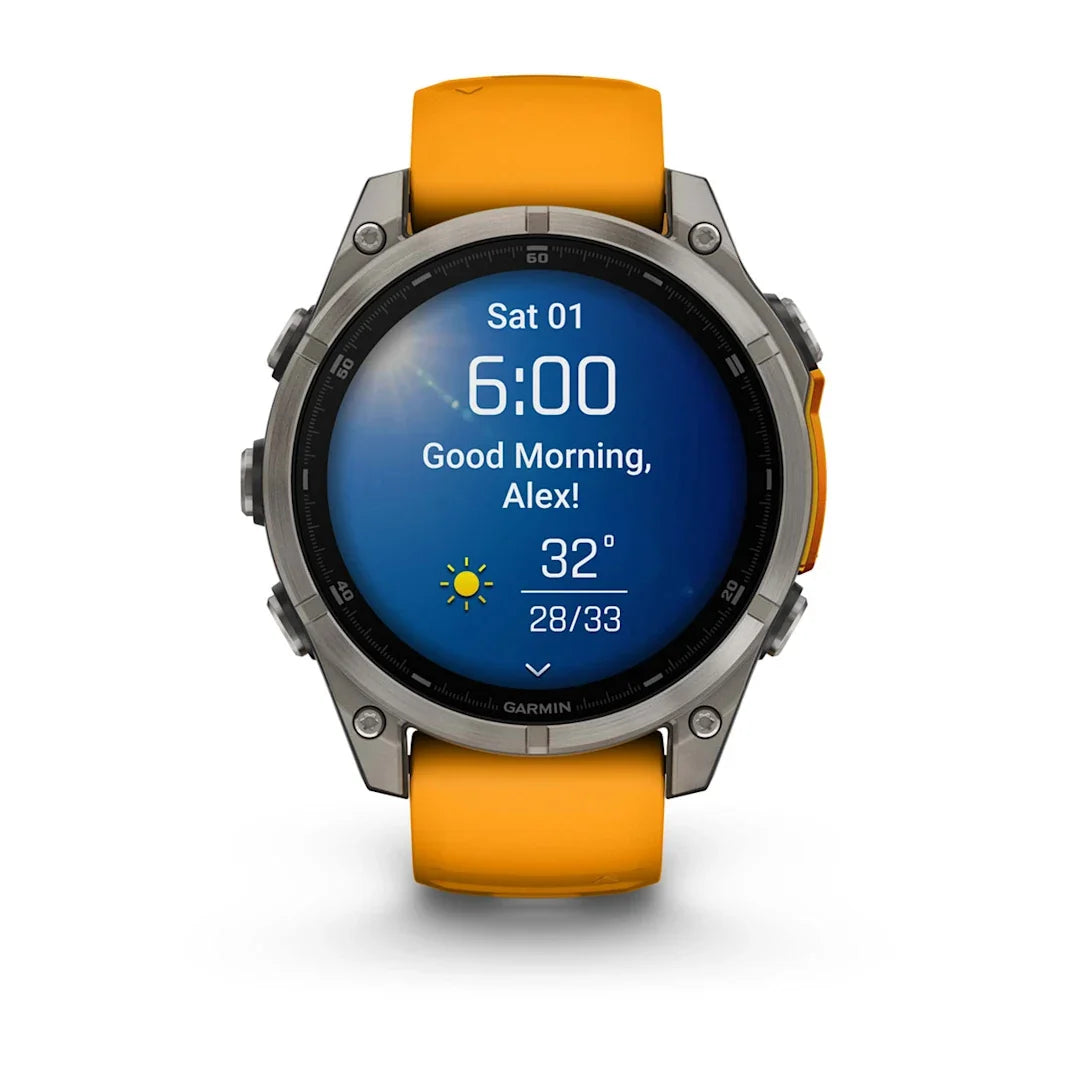 Garmin fēnix 8 – 47 mm AMOLED Sapphire Titanium with Spark Orange / Graphite Silicone Band